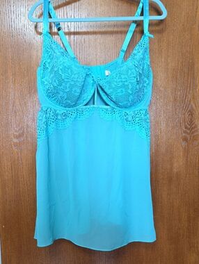 Cacique Turquoise Lace-Trim Chemise with Adjustable Straps
